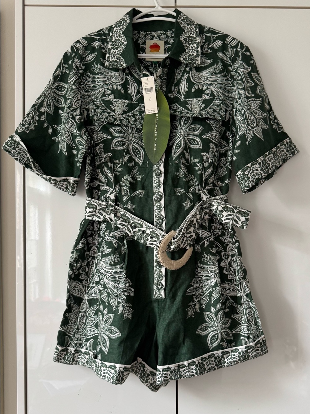 NWT Size S - Farm Rio Miranda Short-Sleeve Belted 100% Linen Romper (US$ 270)